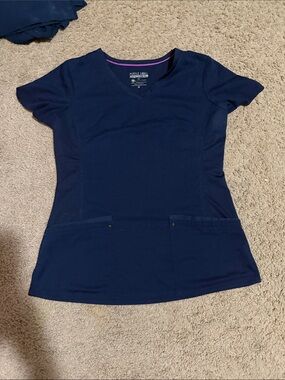healing hands Navy V-Neck Short Sleeve Scrub Top with Pink Trim